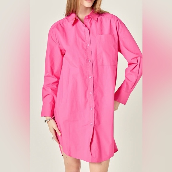 English Factory Classic Collared Shirt Dress Fuchsia Pink - Picture 3 of 9